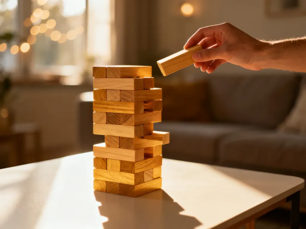 Drewniana wieża Jenga podczas wyciągania klocka w słonecznym, przytulnym salonie.