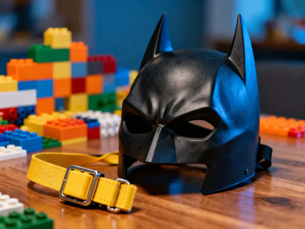 Czarna maska Batmana i żółty pas leżące na drewnianym stole w otoczeniu kolorowych klocków LEGO.