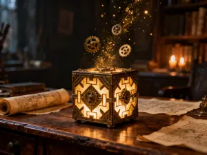 Tajemniczy pokój z gry Cube Escape: Seasons, zawierający stary telefon, zwiędły kwiat oraz świecącą czarną kostkę.
