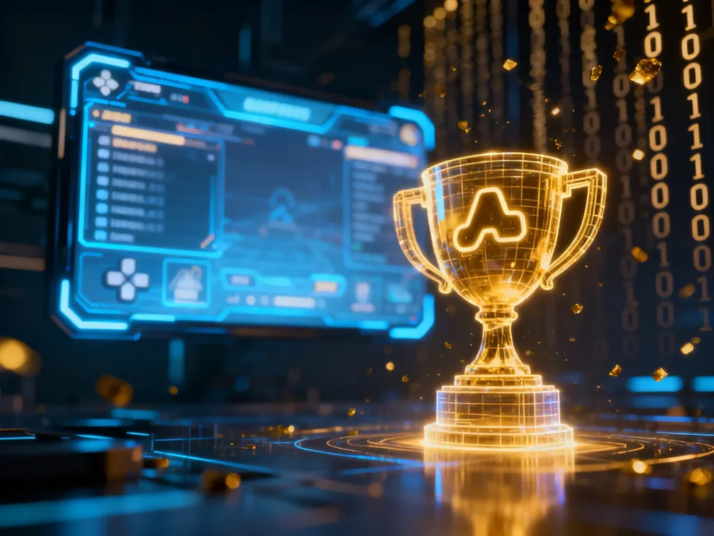 Holograficzna złota ikona trofeum na tle cyfrowego kodu, symbolizująca osiągnięcia w grze i zwiększanie statystyk postaci.