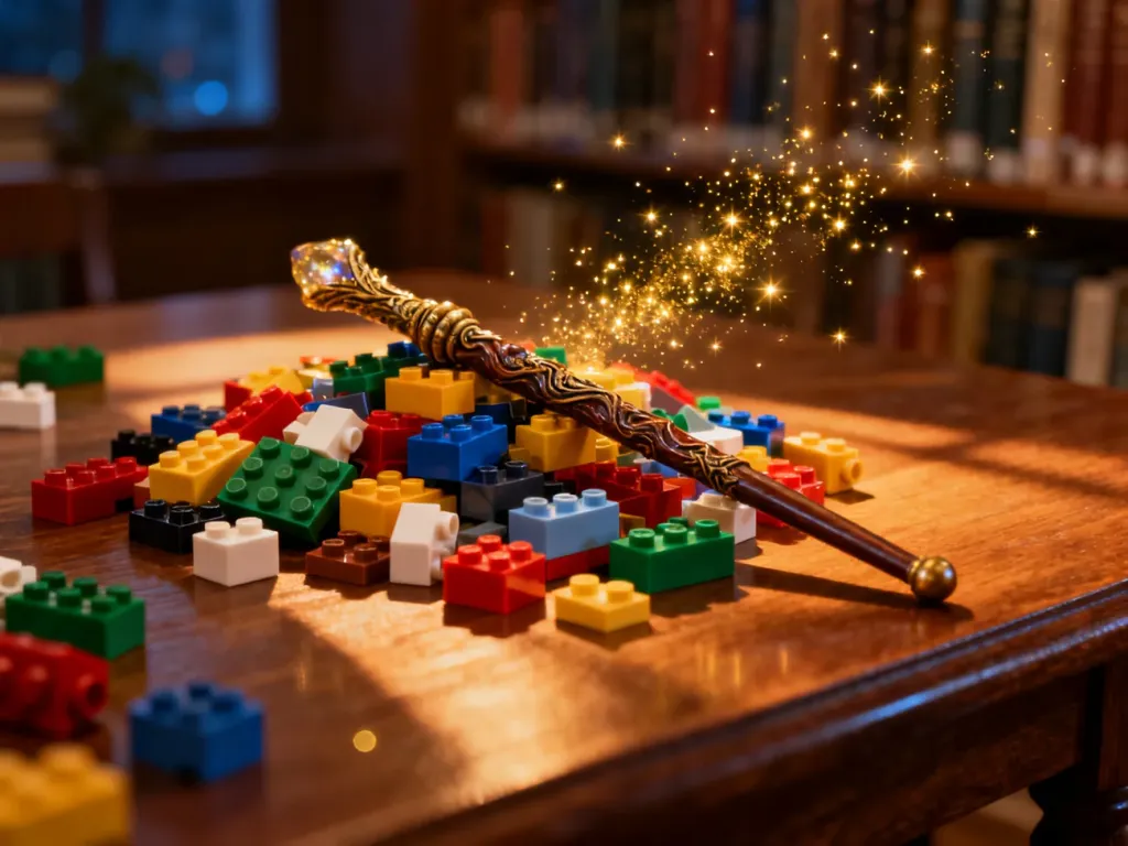 Kolorowe klocki Lego i magiczna różdżka na drewnianym stole w otoczeniu przypominającym bibliotekę Hogwartu.