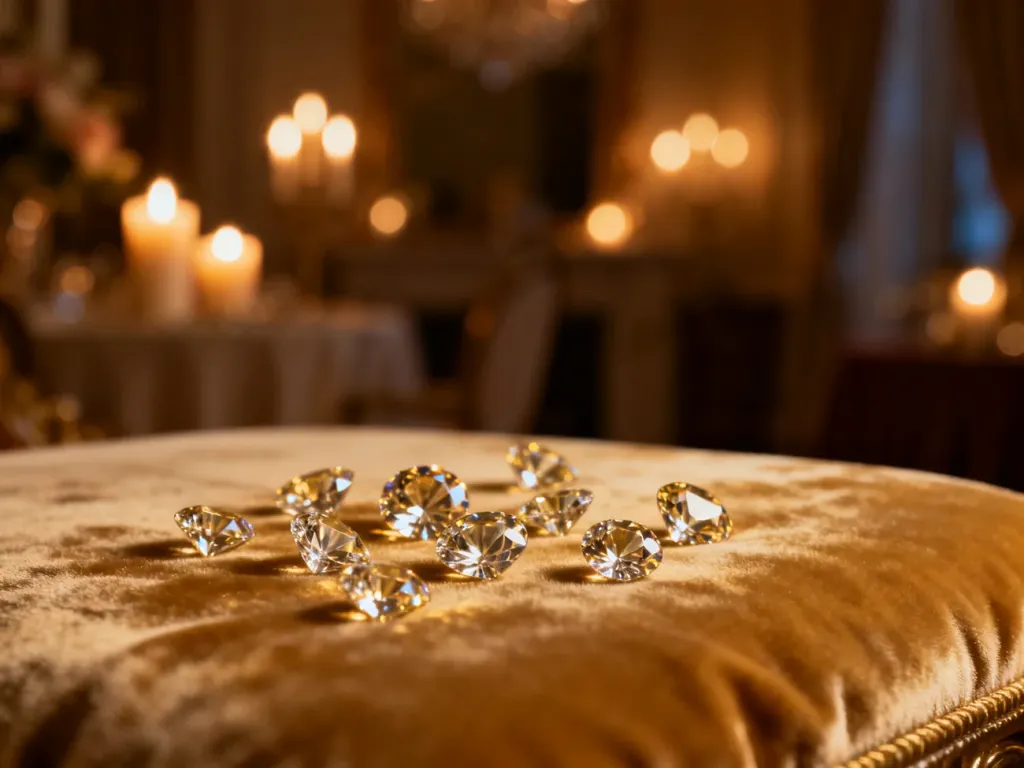 Błyszczące diamenty rozsypane na aksamitnym tle w romantycznym, nastrojowym wnętrzu.