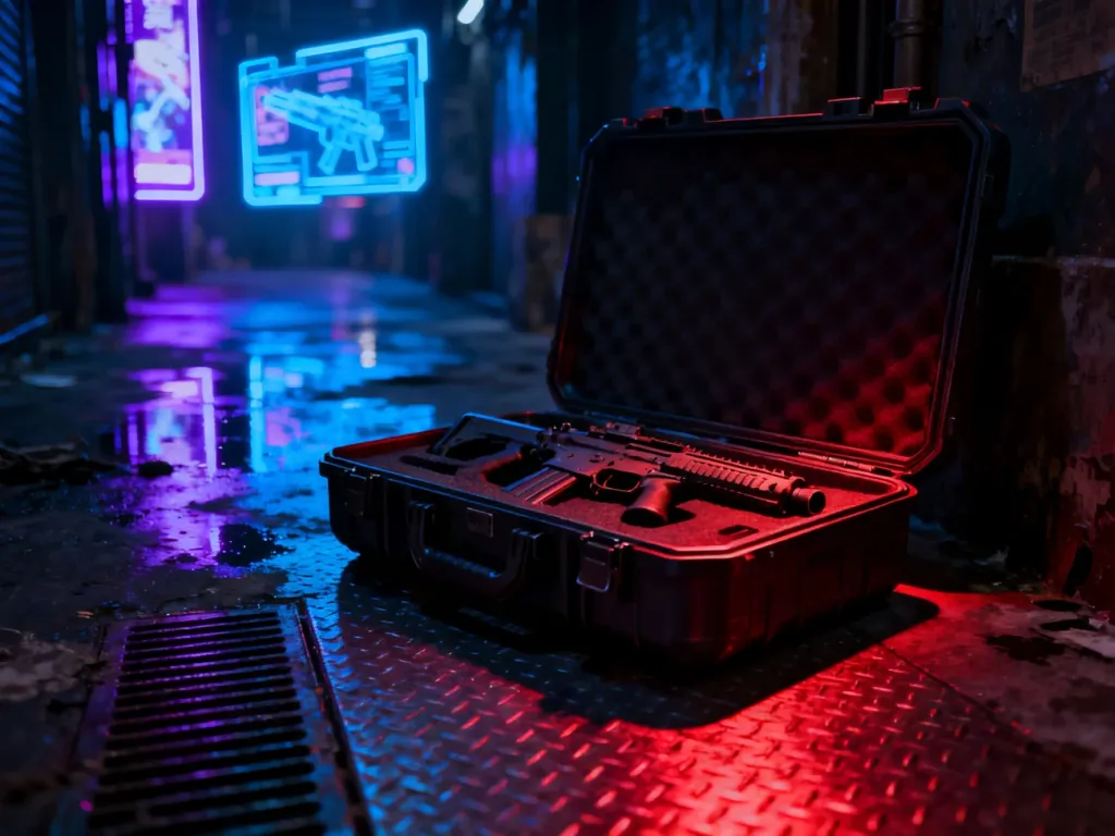 Futurystyczna skrzynia z bronią Cyberpunk Erebus spoczywa na oświetlonym neonami, deszczowym podłożu w mrocznej alejce.