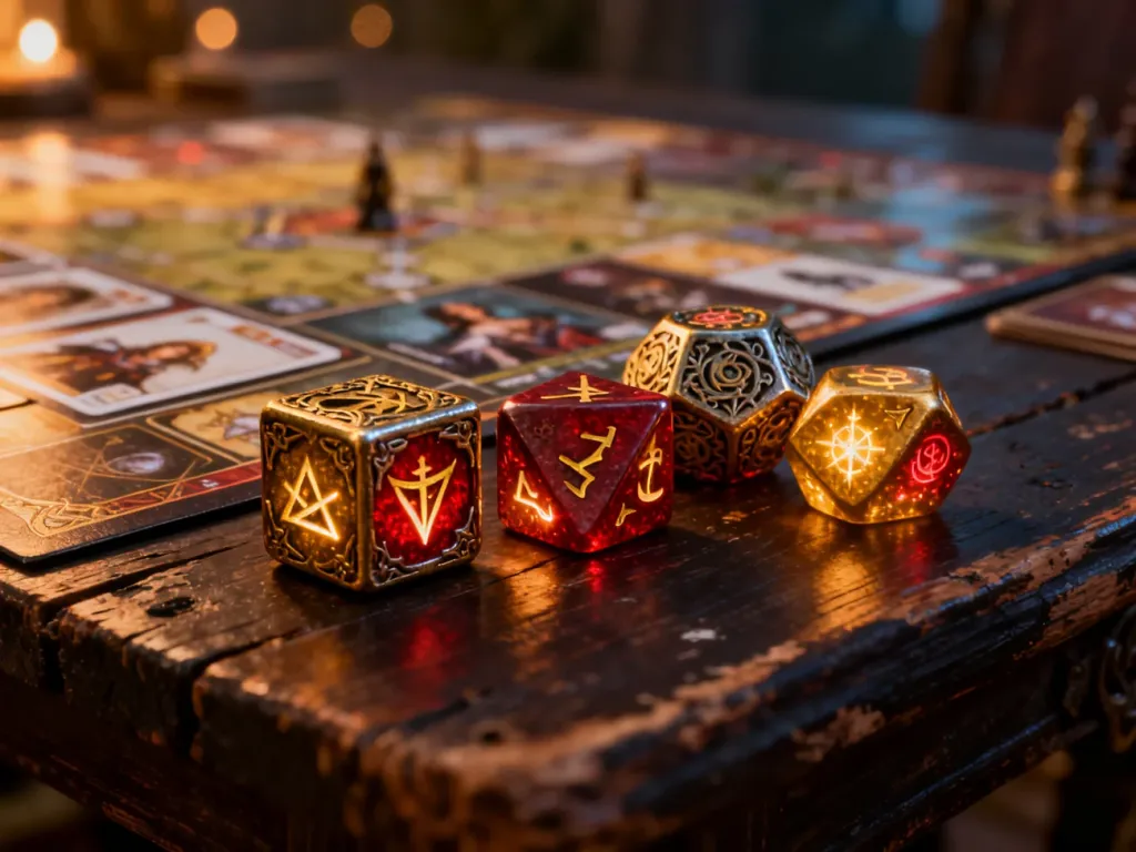 Zestaw ozdobnych kości do gry fantasy na drewnianym stole, z rozłożoną planszą i kartami w tle.