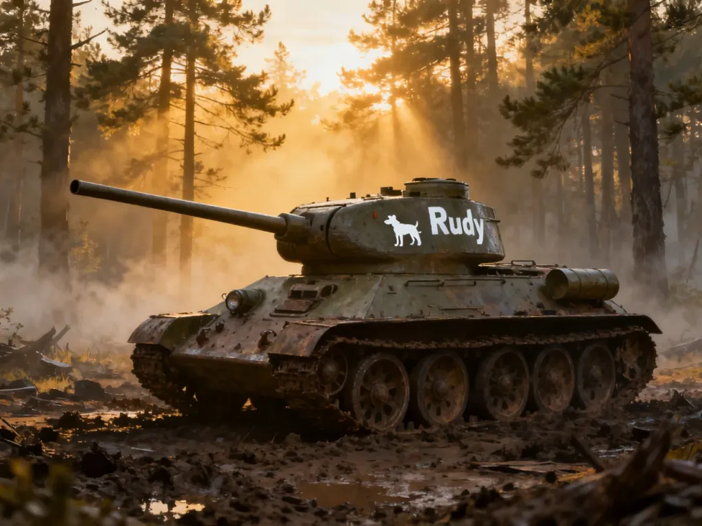 Czołg T-34-85 „Rudy” w scenerii leśnej, prezentujący detale pancerza i charakterystyczne oznaczenia pojazdu.