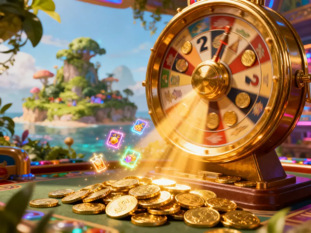 Złote koło automatu do gry w otoczeniu błyszczących monet i magicznej wyspy, symbolizujące wygrane w Coin Master.
