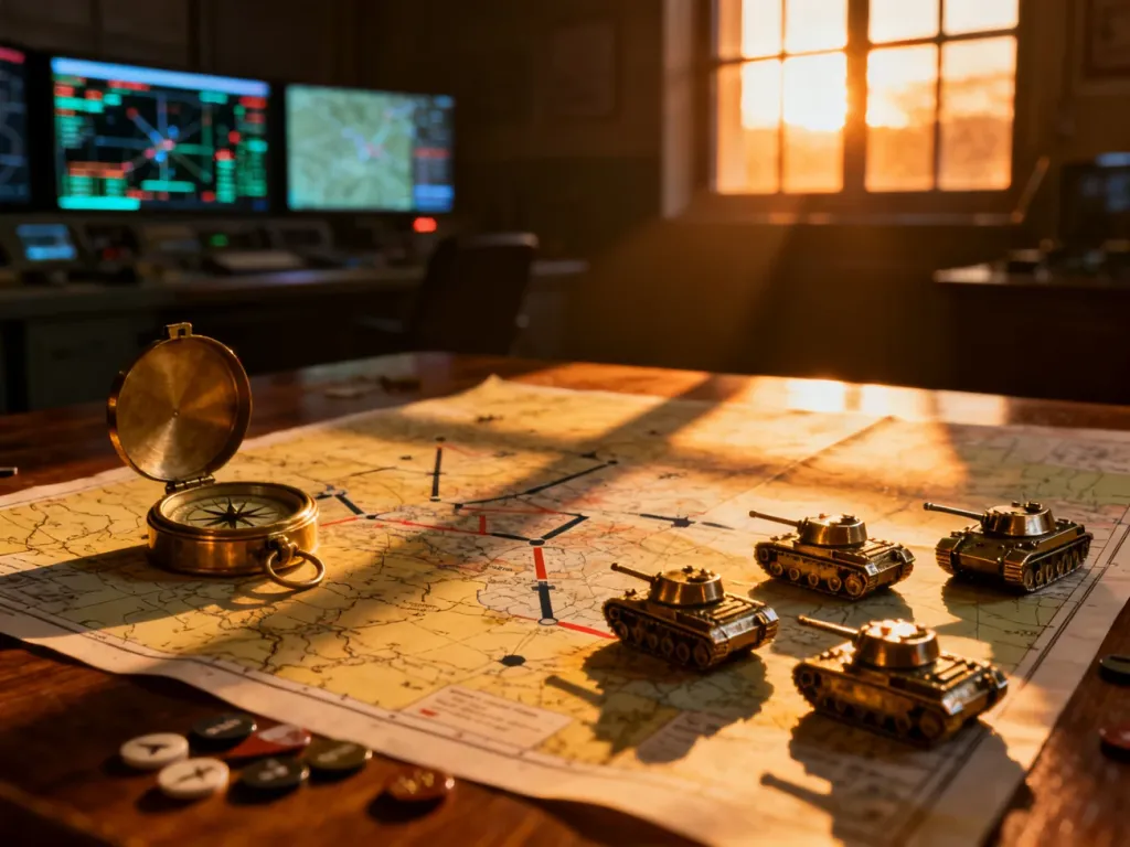 Szczegółowa mapa strategiczna z miniaturami czołgów i kompasem, symbolizująca planowanie działań wojennych w grze.