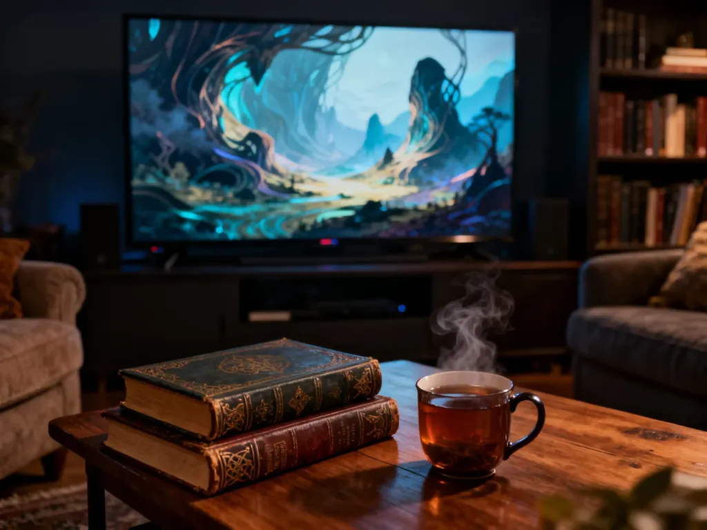 Przytulny salon z telewizorem wyświetlającym krajobraz fantasy, idealny do maratonu serialu Gra o tron.
