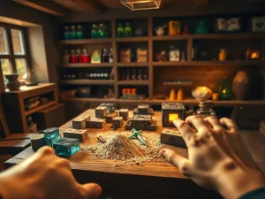 Zmodyfikowany laserowy karabin leżący na metalowej skrzyni na tle zniszczonego, postapokaliptycznego miasta w Fallout 76.