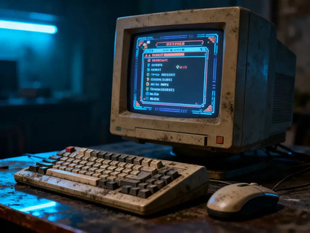 Stary monitor z menu gry w klimatycznym, przyciemnionym pokoju z mechaniczną klawiaturą na biurku.