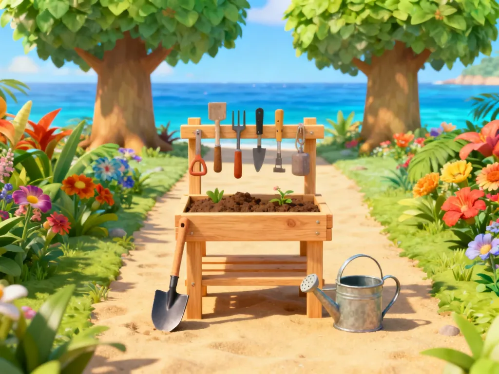Kolorowa, tropikalna wyspa z warsztatem rzemieślniczym, narzędziami i roślinnością w stylu gry Animal Crossing.