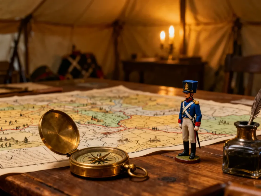 Mapa kampanii z XIX wieku, mosiężny kompas i figurka polskiego żołnierza napoleońskiego na drewnianym stole.