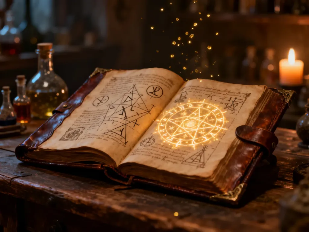 Otwarta, starodawna księga z magicznymi runami leżąca na drewnianym stole w klimatycznym warsztacie alchemika.