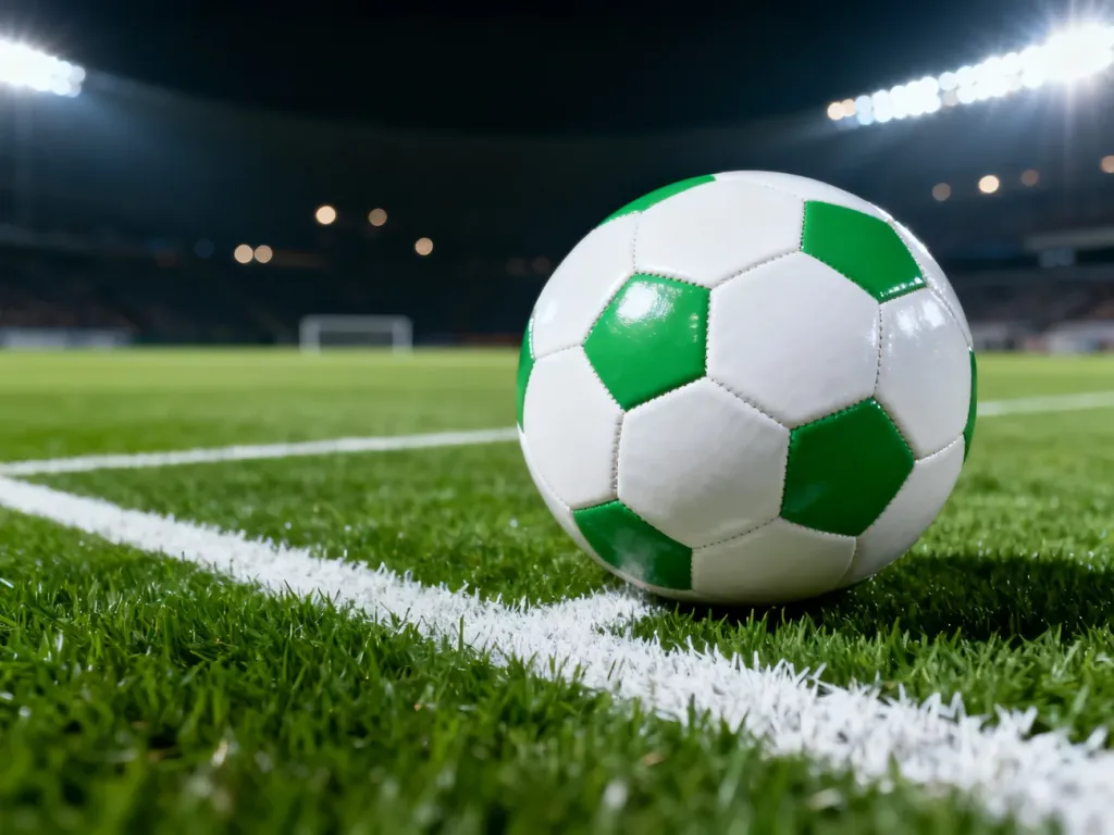 Piłka do futbolu na murawie boiska w świetle reflektorów, gotowa do rozpoczęcia meczu.
