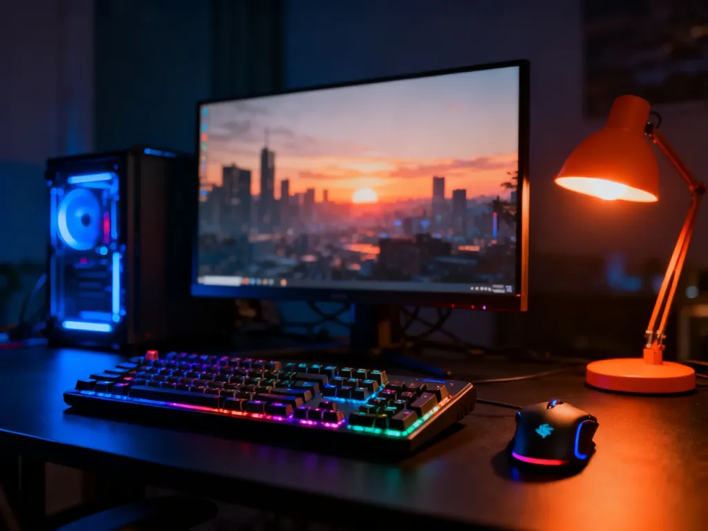 Nowoczesne stanowisko gamingowe z podświetlaną klawiaturą i monitorem wyświetlającym krajobraz miasta w stylu GTA RP.