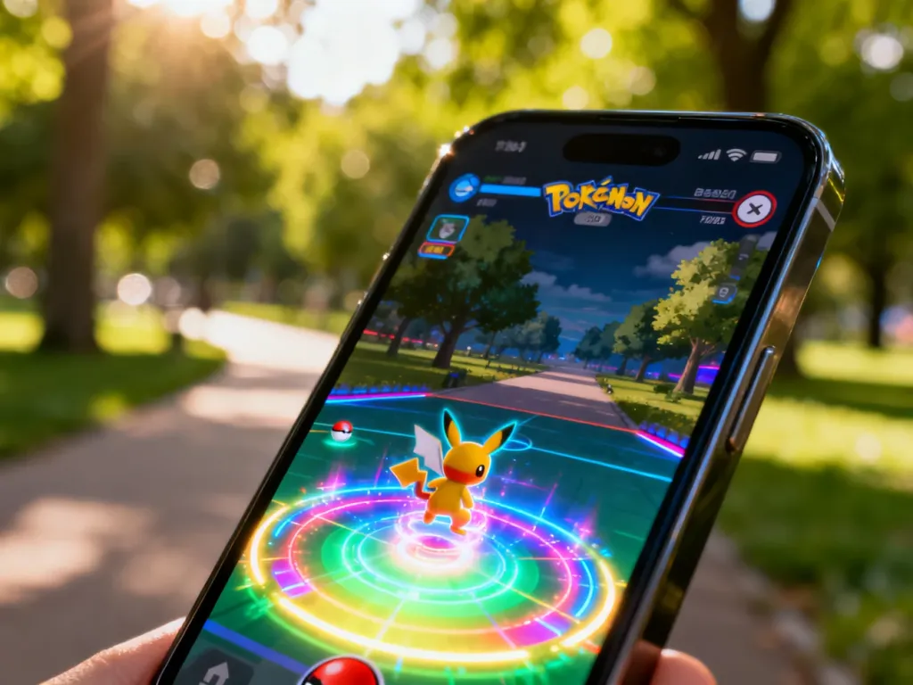 Walka z Pokemonem na ekranie smartfona w słonecznym parku, przedstawiająca dynamiczny interfejs gry Pokemon GO.