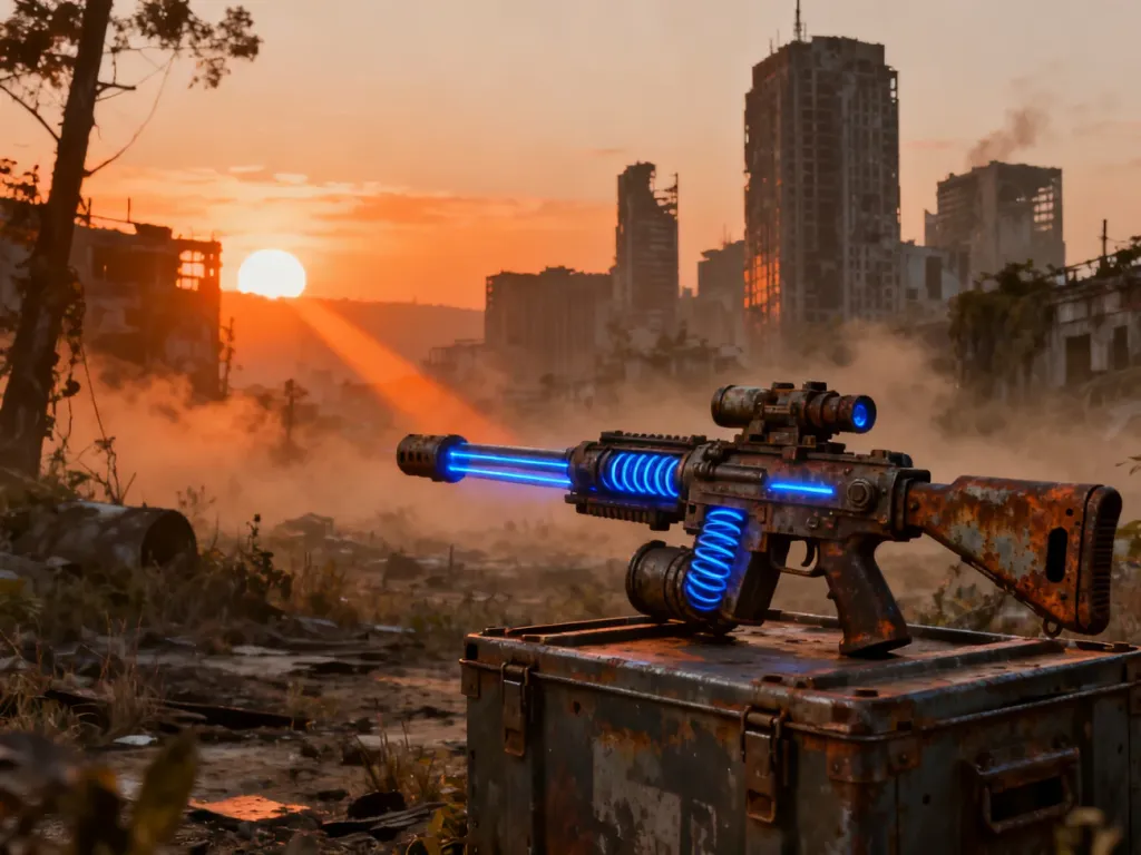 Zmodyfikowany laserowy karabin leżący na metalowej skrzyni na tle zniszczonego, postapokaliptycznego miasta w Fallout 76.