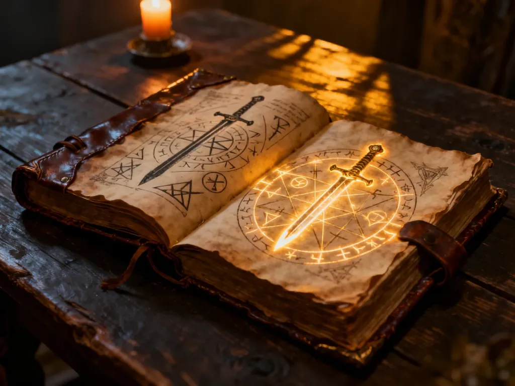 Otwarta, starodawna księga z magicznymi runami i schematami mieczy na drewnianym stole, wprowadzająca w klimat wiedźmińskich umiejętności.