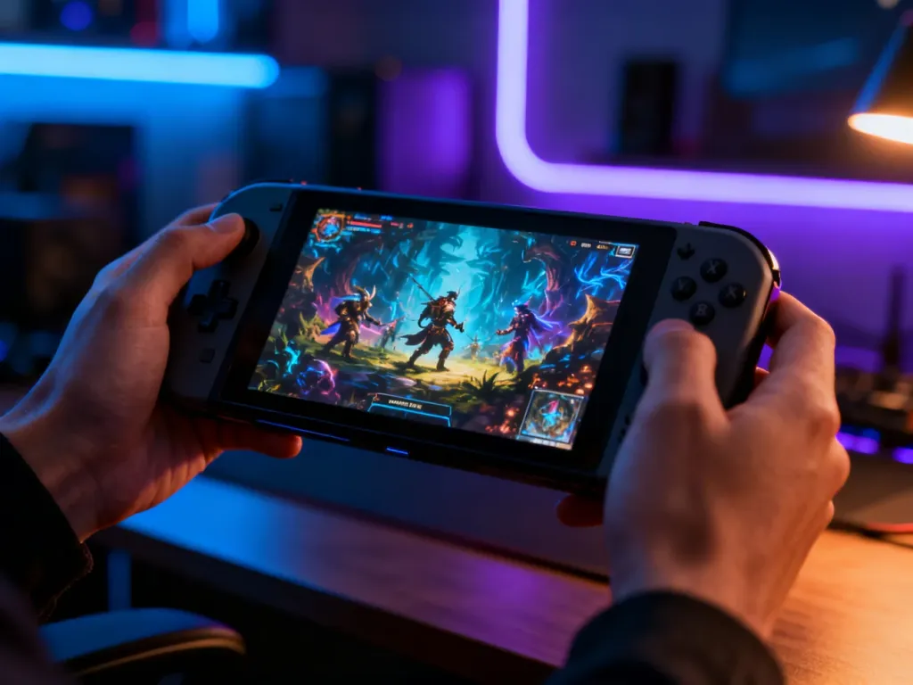 Osoba trzymająca w dłoniach konsolę PS Vita z uruchomioną grą fantasy w przytulnym, nastrojowo oświetlonym pokoju.