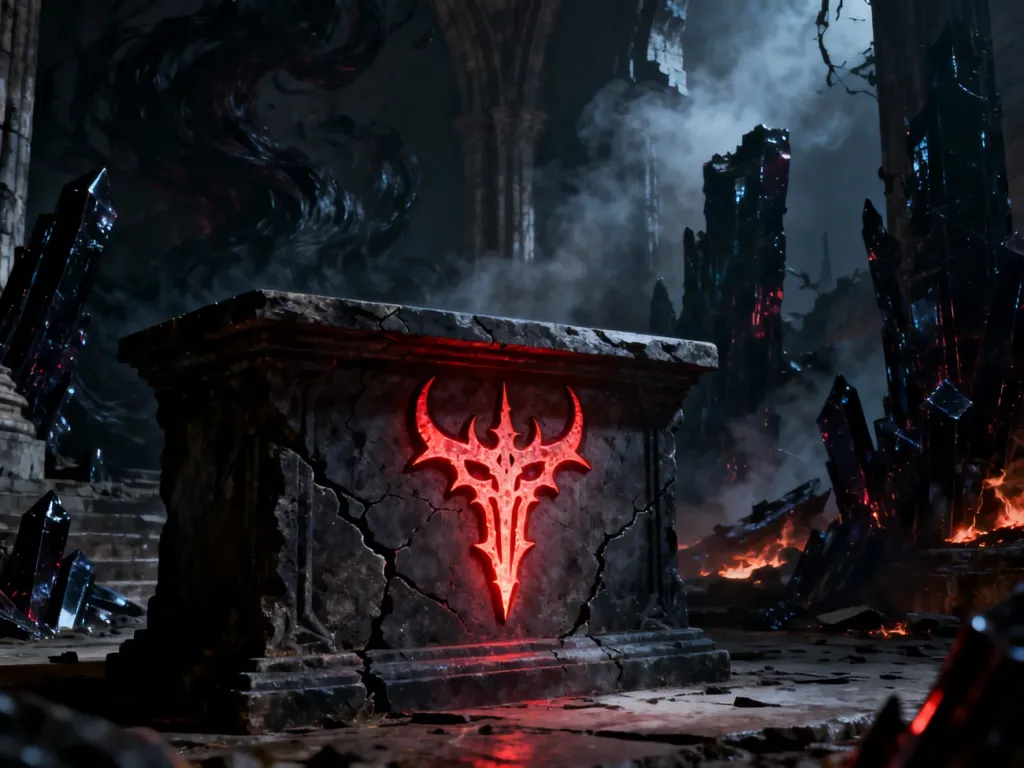 Mroczny, gotycki ołtarz z pulsującym krwistym symbolem w zrujnowanym sanktuarium, budujący klimat świata Diablo 4.