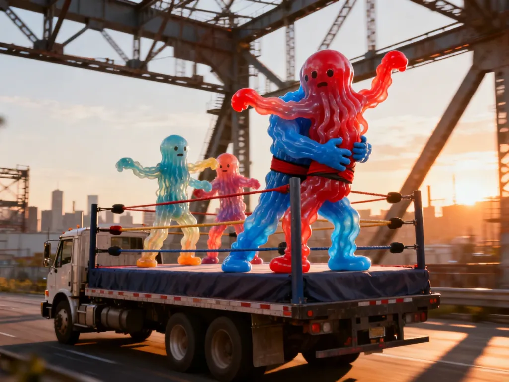 Kolorowe, żelowe postacie walczące na dachu jadącej ciężarówki w grze Gang Beasts.