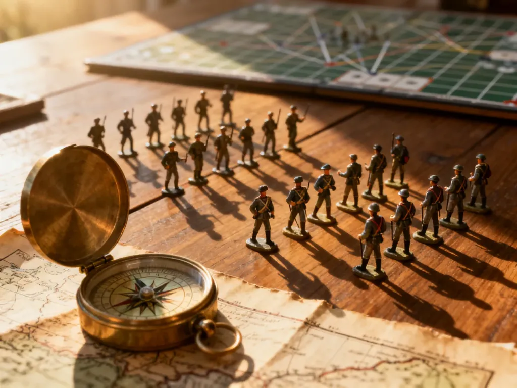 Miniaturowe figurki żołnierzy ustawione w formacjach taktycznych na mapie, symbolizujące strategiczne planowanie w grze.