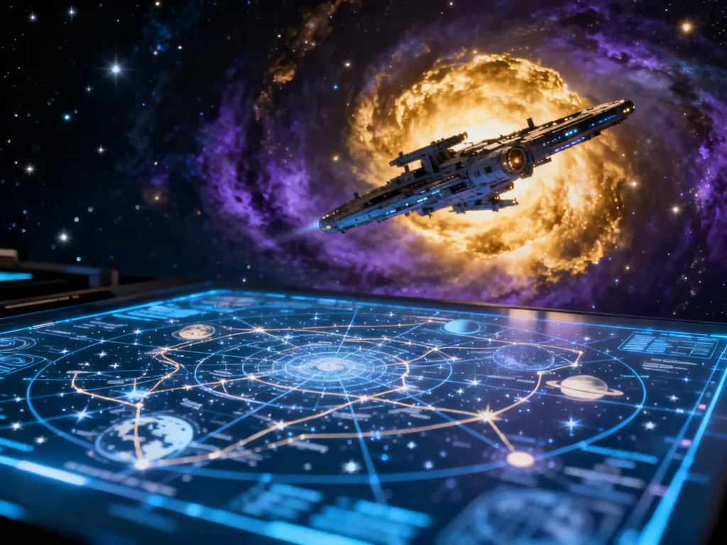 Futurystyczna stacja kosmiczna na tle mgławicy oraz holograficzna mapa układów gwiezdnych w grze Stellaris.
