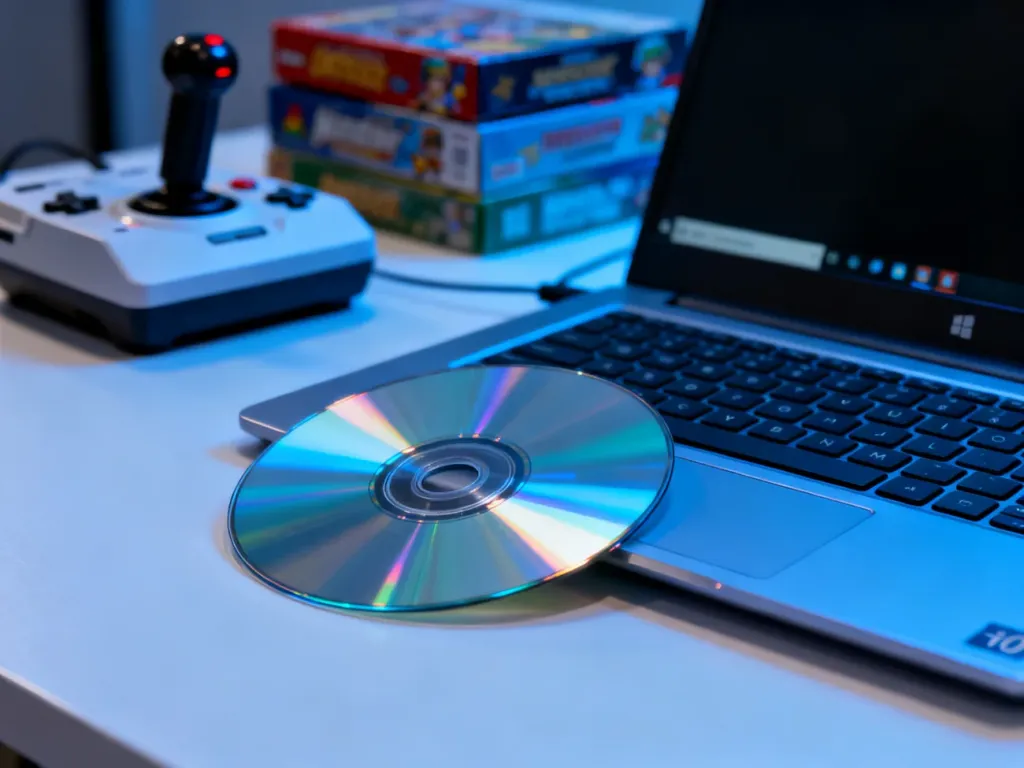 Płyta CD ze starą grą obok nowoczesnego laptopa, symbolizująca połączenie klasyki z nowymi systemami operacyjnymi.
