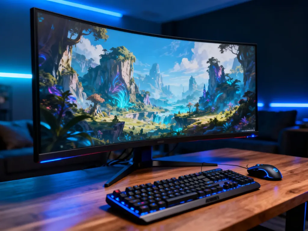 Nowoczesne stanowisko gamingowe z ultra-szerokim monitorem wyświetlającym krajobraz fantasy w przytulnym, niebieskim oświetleniu.