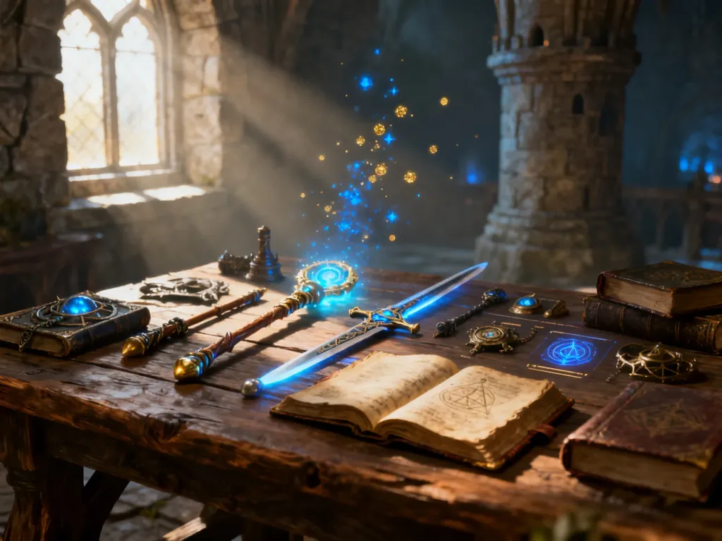 Ekwipunek postaci z gry RPG: magiczne kostury, miecze i księgi zaklęć na drewnianym stole w klimatycznej komnacie.
