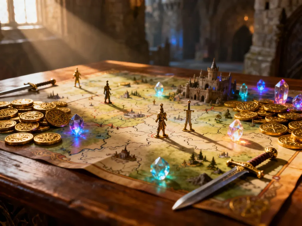 Mapa fantasy z figurkami i magicznymi kryształami na drewnianym stole, wprowadzająca w klimat strategicznej gry Hero Wars.