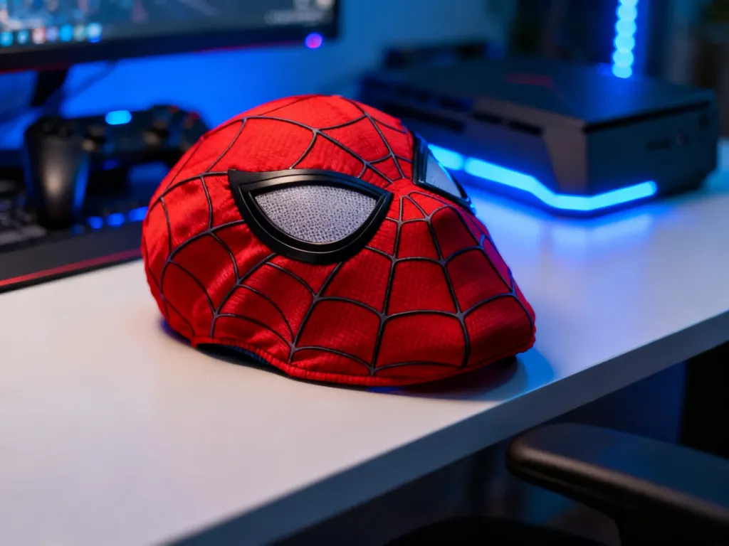 Szczegółowe zbliżenie na maskę Spider-Mana leżącą na biurku w otoczeniu konsoli z niebieskim podświetleniem LED.