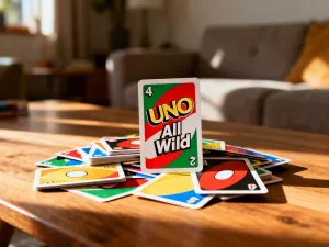 Otwarta magiczna księga z lewitującą różdżką z klocków Lego w klimatycznej bibliotece, wprowadzająca w świat gry.