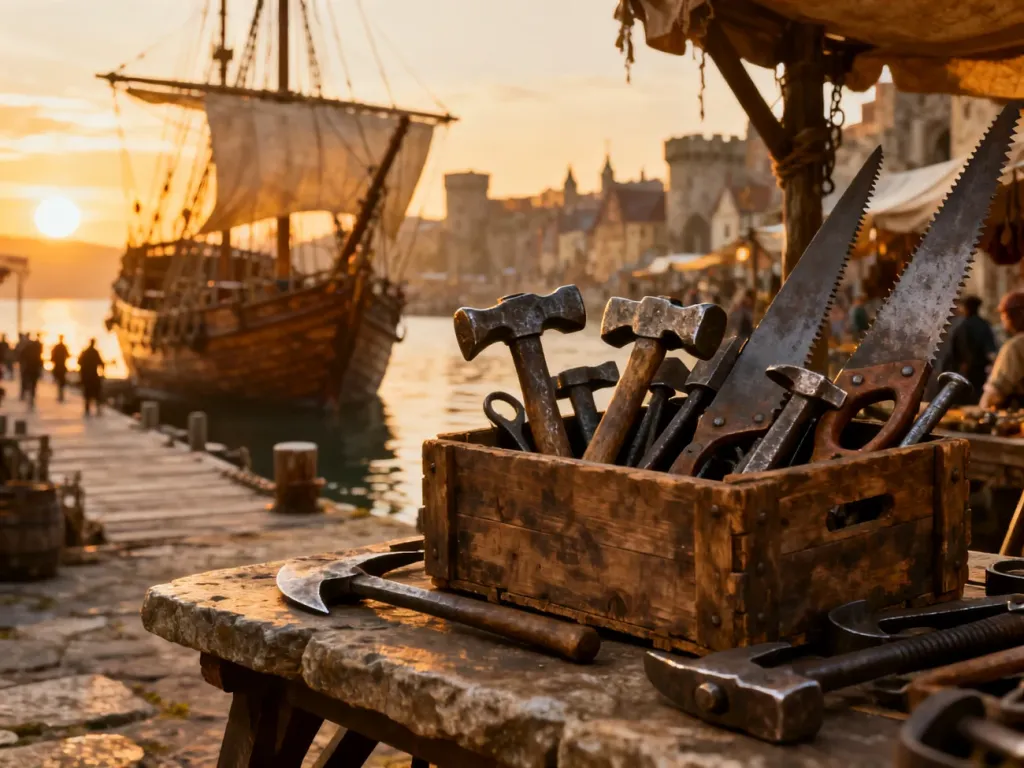 Drewniana skrzynia wypełniona żelaznymi narzędziami na tle tętniącego życiem średniowiecznego portu w Anno 1404.